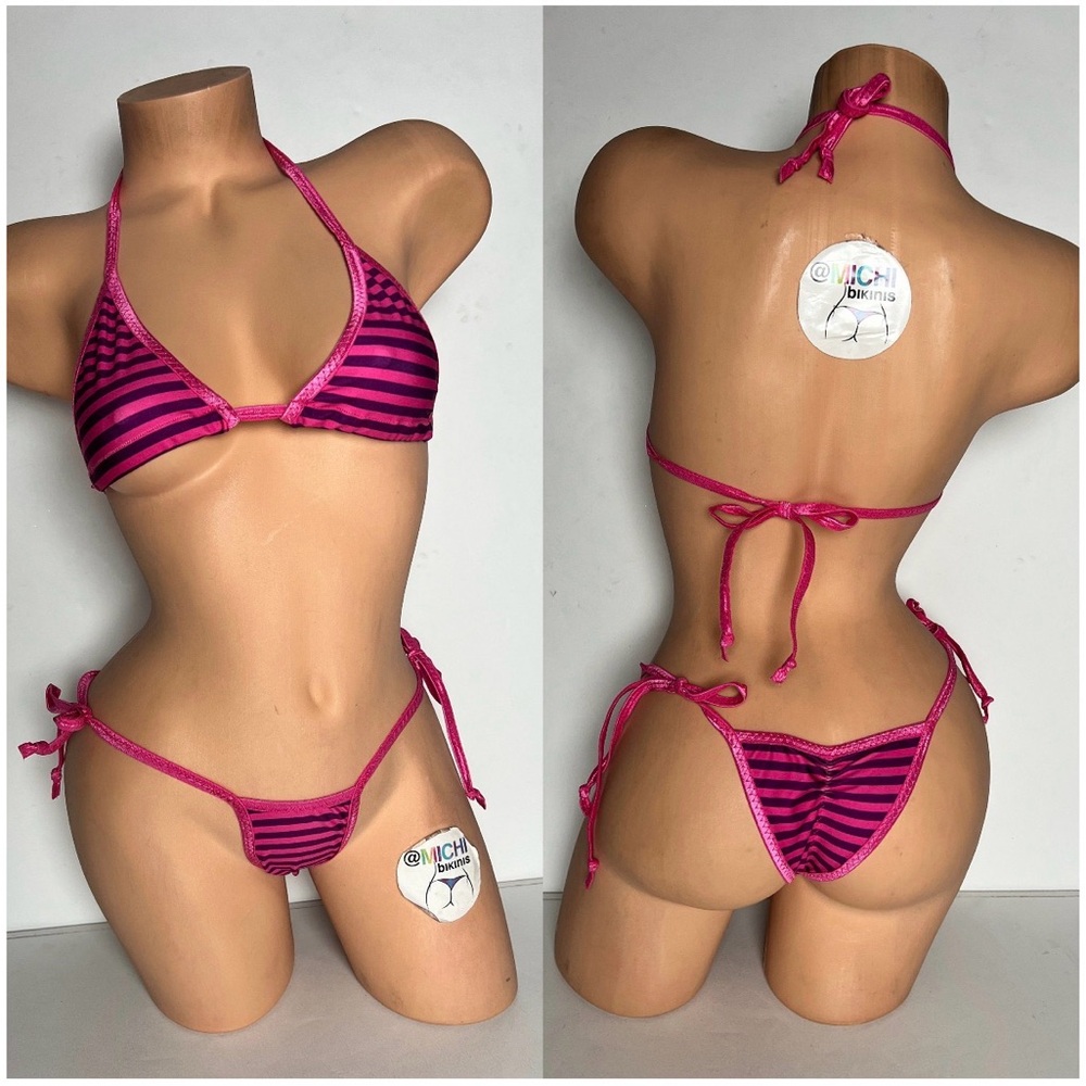 MICHI BIKINIS Striped Hot Pink T Back Micro String Bikini Set